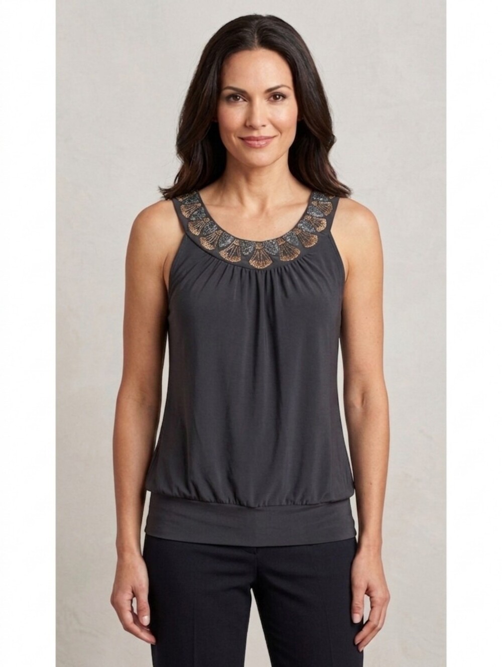 The Limited Woman's Gray Embroidered Beaded Bib Collar Sleeveless Top